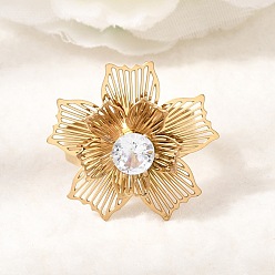 Золотой 201 Регулируемые кольца-манжеты из нержавеющей стали с одинарным кубическим цирконием для женщин, цветок, золотые, 24x24 мм, внутренний диаметр: 18 мм