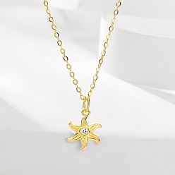 Настоящее золото 18K 925 ожерелья с подвеской в виде морской звезды из стерлингового серебра с прозрачными кубическими цирконами для женщин, реальный 18 k позолоченный, 15.75 дюйм (40 см)