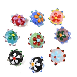 (52) Непрозрачная лаванда Ручной работы ухабистым Шарики Lampwork, RONDELLE с цветочным узором, разноцветные, 15.5x17.5x13 мм, отверстие : 1.6 мм