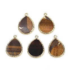 Тигровый глаз Природных тигровый глаз подвески, с подвесками в форме слезы из латуни с покрытием стойки, золотые, 25x18x2.5 мм, отверстие : 1.4~1.6 мм
