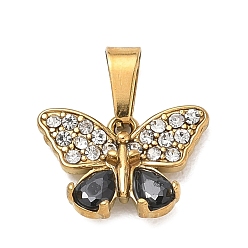 Black 304 Stainless Steel Pendants, Butterfly Charms, with Rhinestone & Glass, Ion Plating(IP), Golden, Black, 12x15x4mm, Hole: 6x3mm