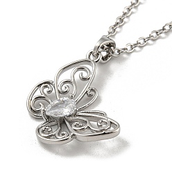 Platinum Butterfly Glass Pendant, Brass Chain Necklaces, Platinum, 16.42 inch(41.7cm)