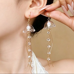 White Iron Dangle Earrings, with Plastic Pendants, Jellyfish, Golden, White, 104x21.5mm
