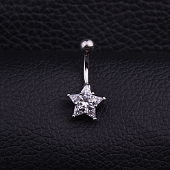 Звезда 316l хирургическая нержавеющая сталь микропаве прозрачный кубический цирконий изогнутые штанги живот кольца, цвет нержавеющей стали, звезда, штифты : 10x1.5 мм