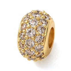 Clear Brass Pave Cubic Zirconia European Beads, Large Hole Beads, Rondelle, Golden, Clear, 6.5x10.5mm, Hole: 4.5mm