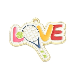 Tennis Теннисные сплавные эмалированные подвески, золотые, ракетка с любовными талисманами со словами, 24x29.5x1.5 мм, отверстие : 1.6 мм