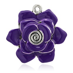 Pourpre Accessoires collier pendentif de fleurs belles, Pendentifs en émail , argent antique, pourpre, 45x46x6mm, Trou: 3mm