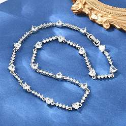 Platinum Brass Pave Clear Cubic Zirconia Heart Link Chain Necklaces, Cadmium Free & Lead Free, Rack Plating, Long-Lasting Plated, Platinum, 17.60 inch(44.7cm)