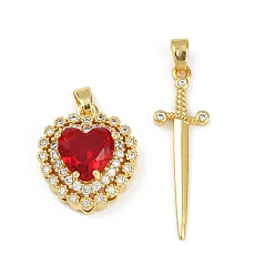 (123L) Белый крем непрозрачный блеск Латунные микропаве прозрачные кубические цирконии подвески наборы, сердце и меч, со стеклом, без свинца и без кадмия, долговечный, стойки покрытие, реальный 18 k позолоченный, огнеупорный кирпич, Сердце: 18.5x16.5x8.5 mm, отверстие : 4.5x3 мм