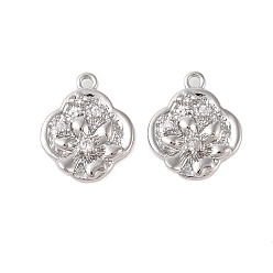 Платинированный Латунные подвески с прозрачным стеклом, цветок, Реальная платина, 14.5x12.5x4 мм, отверстие : 1.2 мм