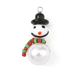 Colorido Navidad lampwork hecho a mano colgantes, encantos de muñeco de nieve, con cuentas acrílicas de imitación de perlas y cuentas de vidrio pequeñas, colorido, 41.5x18.5x15.5 mm, agujero: 3 mm