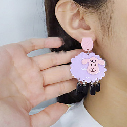 Лиловый Акриловые болтаться серьги стержня, овца, платина, сирень, 60x40 мм