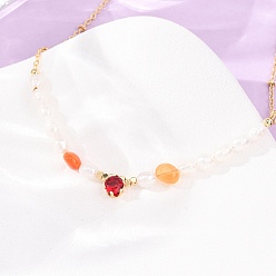 Carnelian Natural Carnelian Chip and Rice Natural Pearl Beaded Necklaces, Brass Pave Cubic Zirconia Necklaces, Real 18K Gold Plated, Long-Lasting Plated, Rack Plating, Lead Free & Cadmium Free, 14.96 inch(38cm)