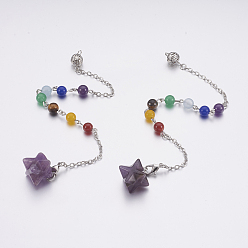 Аметист Биолокационные маятники из природного аметиста, со смешанной каменной и латунной фурнитурой, чакра, Звезда Меркабы, платина, 205~230 мм