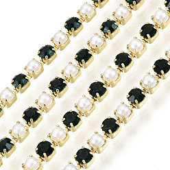 Emerald Brass Rhinestone Strass Chains, with ABS Plastic Imitation Pearl, Rhinestone Cup Chain, Grade A, Raw(Unplated), Emerald, 2x2mm, 4000pcs rhinestone/bundle, about 32.8 Feet(10m)/bundle