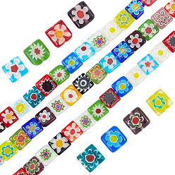 (52) Непрозрачная лаванда 2 нити квадратных бусин ручной работы из стекла миллефиори, разноцветные, 8x8x3 мм, отверстие : 0.5 мм, около 48 шт / нитка, 5.87'' (14.9 см)