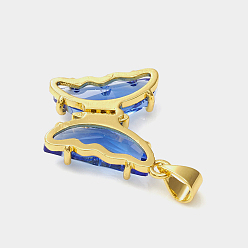 Blue Glass Pendants, with Brass Clear Micro Pave Cubic Zirconia, Butterfly, Golden, Blue, 24x21x4mm, Hole: 5.5x3.5mm