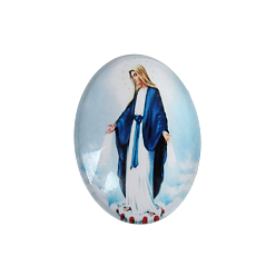 Colorful Printed Glass Oval Cabochons, Jesus and the Virgin Theme, Colorful, 30x22x6mm