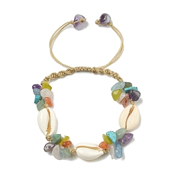 Pierre Mélangete Bracelets de perles tressées en pierres précieuses et cauris, bracelet réglable en fil de nylon pour femme, 1/2 pouce (1.2~1.4 cm), diamètre intérieur: 1-3/4~3-1/8 pouce (4.6~7.9 cm)