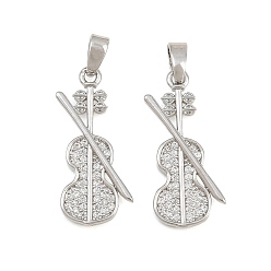 Platinum Brass Micro Pave Clear Cubic Zirconia Pendants, Violin Charms, Platinum, 22.5x12x2.5mm, Hole: 5x2mm