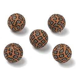 Sienna Coffee Theme Printed Silicone Beads, Round with Tribal Print, Sienna, 15mm, Hole: 2mm