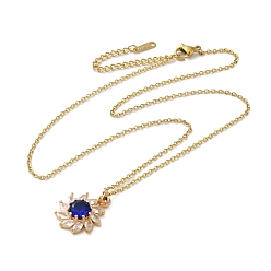 Medium Blue Brass Micro Pave Cubic Zirconia Flower Pendant Necklaces for Women, 201 Stainless Steel Cable Chain Necklaces, Medium Blue, 15.94 inch(40.5cm)