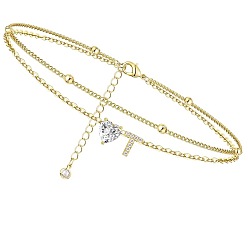 Letter T Двухслойные браслеты на ногу с подвесками в виде сердца и буквы из латуни и кристаллов горного хрусталя, золотые, Письмо T, 8-5/8 дюйм (220 мм)