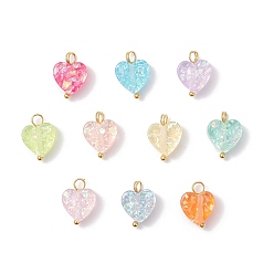 Золотой Прозрачные смоляные подвески, шарма сердца, с блестящей пудрой и латунной петлей, разноцветные, золотые, 13x10x4.5 мм, отверстие : 2~2.5 мм