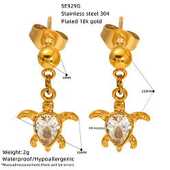 Tortoise Ocean 304 Stainless Steel Pave Clear Cubic Zirconia Stud Dangle Earrings for Women, Golden, Tortoise, 20mm