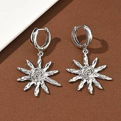 Платина Серьги-кольца из латуни в форме солнца, без кадмия и без свинца, долговечный, стойки покрытие, платина, 45x27.5 мм