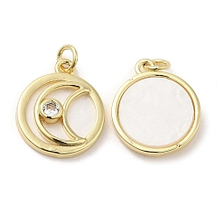 Луна Покрытие стойки латунь микропаве прозрачные подвески из кубического циркония, с оболочкой, реальный 18 k позолоченный, долговечный, без кадмия и без свинца, плоский круглый шарм, луна, 18.5x15.5x3.5 мм