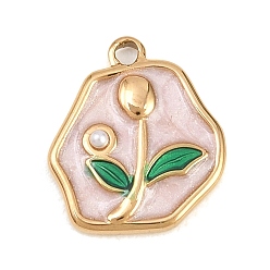 Золотой 304 Подвески из нержавеющей стали с эмалью и пластиковыми жемчужинами, подвески-самородки с цветочным узором, золотые, золотые, 15.5x13.5x3 мм, отверстие : 1.5 мм