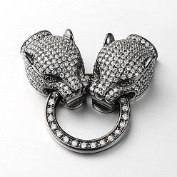 Черный Цвет Металла Латунные микро проложить кубического циркония раз за застежками, леопард головы, без кадмия и без свинца, металлический черный , 49x21x10.5 мм, отверстие : 1 мм