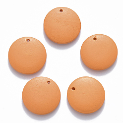 Orange Painted Wood Pendants, Flat Round, Orange, 20x4mm, Hole: 1.5mm