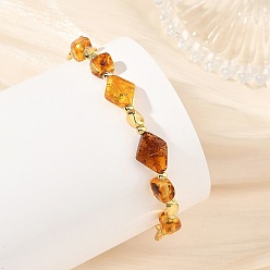 Golden Natural Amber Beads & Brass Figaro Chains Link Bracelets for Women, Golden, 7.36 inch(18.7cm)