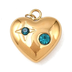 Синий Циркон 304 подвески из нержавеющей стали, сердце, со стразами, ионное покрытие (ip), с целью перехода в кольце, реальный 18 k позолоченный, синий циркон, 18.5x17x6.5 мм