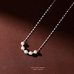 Платина 925 ожерелья-цепочки из стерлингового серебра с узорами, ожерелья из круглой ракушки с цепочкой из жемчужин для женщин, белые, родий, платина, 15.75 дюйм (40 см)