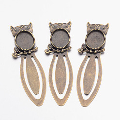 Antique Bronze Bookmark Cabochon Settings, Iron with Alloy Owl Tray, Owl, Lead Free, Nickel Free & Cadmium Free, Antique Bronze, 78x21x3mm, Tray: 13x18mm