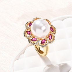 Настоящее золото 18K Регулируемые латунные кольца с микропаве из кубического циркония для женщин, цветок, с пластмассовой жемчужиной abs, без кадмия и без свинца, долговечный, стойки покрытие, реальный 18 k позолоченный, 19.5 мм, размер США 6 (16.5 мм)