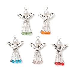 (52) Непрозрачная лаванда Подвески гальванизируйте стекла, ангел, с медной проволокой и бусинами из АБС-пластика, имитирующими жемчуг, и крылом из сплава, разноцветные, 39x23.5x8 мм, отверстие : 3 мм