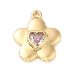 Pink Brass Micro Pave Cubic Zirconia Pendants, Real 18K Gold Plated, Flower, Pink, 14x12x2.5mm, Hole: 1.2mm