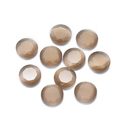 Bronze Cabochons oeil de chat, facette, plat rond, tan, 9.5x2.5~3.5mm