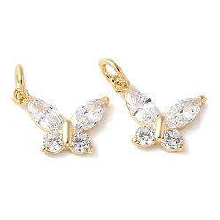 Настоящее золото 18K Латунные микропаве прозрачные подвески с фианитом, бабочки прелести, без кадмия и без свинца, долговечный, стойки покрытие, с целью перехода в кольце, реальный 18 k позолоченный, 10.5x14x3 мм, отверстие : 3.3 мм