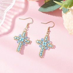 Светло-Голубой 304 серьги-крестики из нержавеющей стали со стеклянными семенами, золотые, Небесно-голубой, 53x26 мм