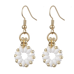 Golden Flower Czech Glass Seed & Non-magnetic Synthetic Hematite Bead Dangle Earrings, Golden, 40.5x14mm