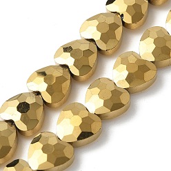 с Золотистым Покрытием Стеклянные бусины с гальваническим покрытием , полное покрытие, граненые, сердце, с золотым покрытием, 9.5~10x9.5~10x4.5 мм, отверстие : 1 мм, около 44 шт / нитка, 15.87 дюйм (40.3 см)