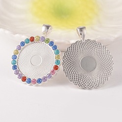 Разноцветный Плоские настройки кулон кабошон круглый сплав горный хрусталь, без кадмия и без свинца, серебряный цвет гальваническим, красочный, лоток : 25 мм, 43x34x3 мм, отверстия: 4x7 mm, 38 шт / пакет