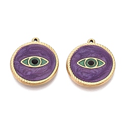 Dark Orchid 303 Stainless Steel Enamel Pendants, Flat Round with Evil Eye Pattern Charms, Ion Plating(IP), Real 18K Gold Plated, Dark Orchid, 21x19x2mm, Hole: 1mm