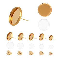 Golden DIY  Flat Round Earring Making Kits, with 304 Stainless Steel Stud Earring Settings & Ear Nuts, Transparent Glass Cabochons and Bead Container, Mixed Size, Golden, 6mm/8mm/10mm/12mm/14mm