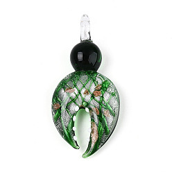 Зеленый Ручной серебряная фольга Lampwork большие кулоны, с золотым песком, крабовые ножки, зелёные, 58~60x27~30x12~13 мм, отверстие : 6.5~7x6~6.5 мм